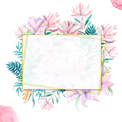 Fototapeta na wymiar Wedding Invitation, floral invite card, pink flowers and green leafs geometric gold frame. Rhombus Rectangle frame. White square background. watercolor. Greeting card, tropical set. Living coral