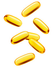 Fototapeta Falling Fish oil pill, omega 3, isolated on white background, clipping path, full depth of field obraz