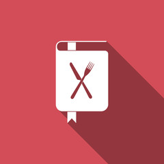 Cookbook icon isolated with long shadow. Cooking book icon. Recipe book. Fork and knife icons. Cutlery symbol. Restaurant symbol. Vector Illustration