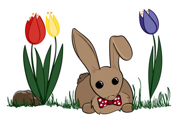 Bunny Rabbit with polka-dot bow tie and tulips
