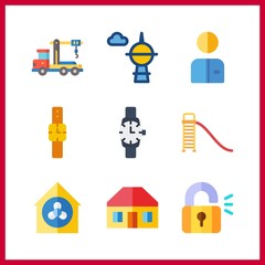 9 steel icon. Vector illustration steel set. worker and padlock icons for steel works