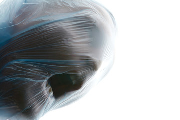 Choke. A man with blue transparent plastic bag over his head is suffocating. Suffocation. Copy...