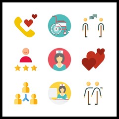 9 support icon. Vector illustration support set. discussion and wheelchair icons for support works