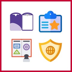 4 identity icon. Vector illustration identity set. passport and shield icons for identity works