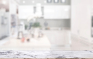 Empty marble top table  in kitchen room.
