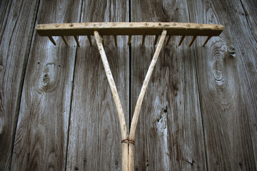 Old wooden rakes with wooden board background