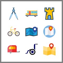 9 tour icon. Vector illustration tour set. buggy and bicycle icons for tour works
