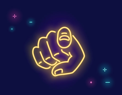 We want you human hand with the finger pointing or gesturing towards you in neon light style isolated on dark purple background