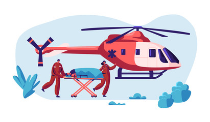 Professional Medicine Rescue. Paramedic Urgency Injured Character by Helicopter to Hospital for Healthcare. Copter Fast Transport Fly to Clinic for Help. Flat Cartoon Vector Illustration