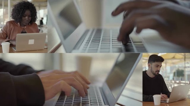 Caucasian man and African American woman typing on laptop. Multiscreen montage, split screen collage. Two freelancers working at cafe. Technology concept