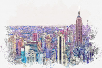 Fototapety  Szkic akwarela lub ilustracja piękny widok na Nowy Jork z miejskich drapaczy chmur. Pejzaż miejski lub panoramę miasta