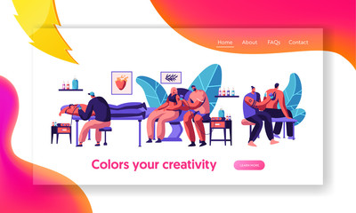 Tattoo Master Make Ink Picture in Parlor Landing Page. Young Professional Tattooist Hold Machine in Hand at Work. Man Artist Paint Human Body Website or Web Page . Flat Cartoon Vector Illustration