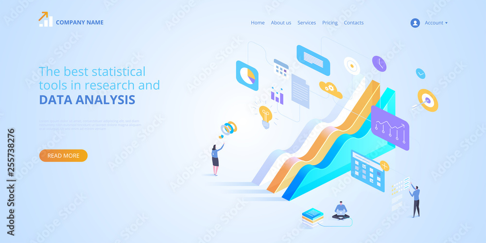 Poster statistical tools in research and data analysis. vector isometric illustration