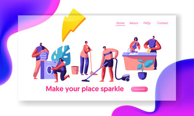 Housekeeping and Routine Landing Page. Scrubwoman and Man Cleaning Dirty Clothes, Floor. Chores Domestic, Working with Electronic Machine Website or Web Page. Flat Cartoon Vector Illustration