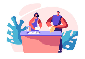 Family Kitchen Cleaning Time. Housework, Chores Domestic Working Dishes, Cleanliness and Routine. Person Smile, Happy for Dry Plate. House Interior Utensils. Flat Cartoon Vector Illustration