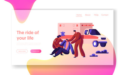 Paramedic Profession Medical Character Rescue Health on Ambulance Landing Page. Medic Urgent Transportation on Vehicle to Hospital for Healthcare Website or Web Page. Flat Cartoon Vector Illustration © Pavlo Syvak