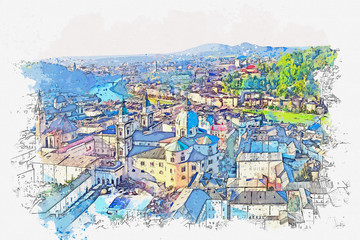 Watercolor sketch or illustration of the beautiful view of the city architecture in Salzburg in Austria