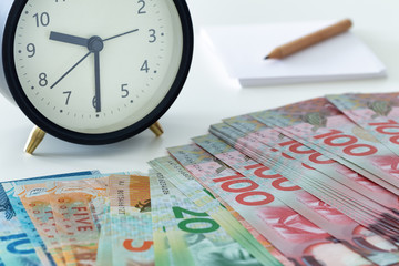 New Zealand money with an alarm clock a page and a pencil