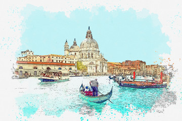 Watercolor sketch or illustration of a beautiful view of the Grand Canal and traditional houses in Venice in Italy. People swim in boats on the water.