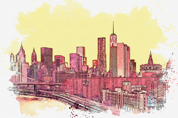 Watercolor sketch or illustration of a beautiful view of the New York City with urban skyscrapers. Cityscape or urban skyline