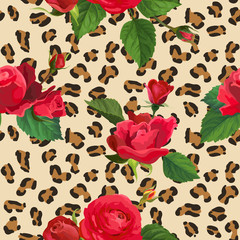 Flowers and Leopard Skin Seamless Pattern. Animal Fabric Background with Floral Elements Fashion Print Design for Wallpaper, Textile. Vector illustration