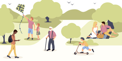 People walking in park color vector illustration