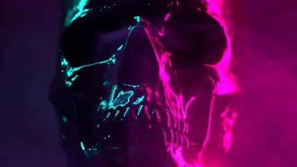 Model of human skull painted with black rotates on dark background with neon colorful pink and turquoise backlighting. Halloween celebration, glamour, style concept.