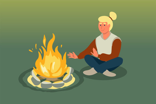Woman sitting near bonfire vector illustration