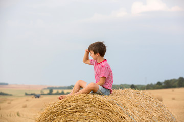 Naklejka na ściany i meble Cute preschool boy, sitting on hastack in field on a cloudy day