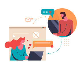 Young People communicate on the Internet. Virtual relationships. Vector illustration
