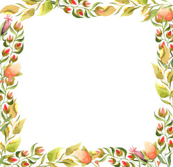 Fototapeta na wymiar floral watercolor frame in warm colors on a white background