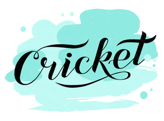 Hand drawn Cricket lettering text on white background with turquoise spots, vector illustration. Vector calligraphy. Sport, fitness vector design. Print for logo, banner,competition, T-shirt and caps.