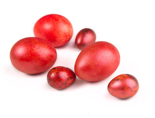 Traditional red easter eggs on white background. Easter background.
