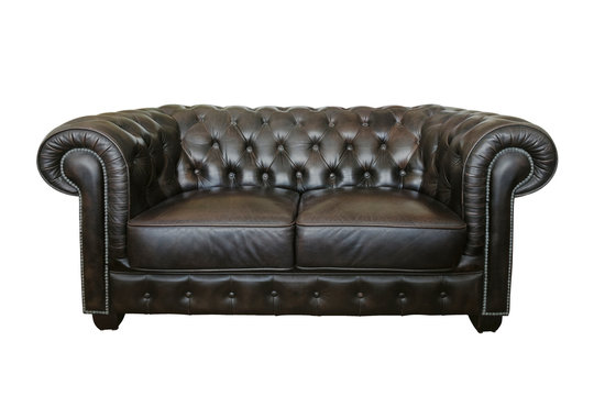 Dark brown old leather sofa isolated on white background