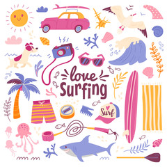 Love surfing background. Vector illustration in cartoon style of summer icons, including animals, plants and surfing equipment: surfboard, fins, leash and clothes elements. Isolated on white. asic RGB
