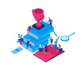 Businessman win cup, winner  3d isometric illustration, infographic hero leadership concept, business people in teamwork at meeting, successful person win cup,  employee work together for  achievement