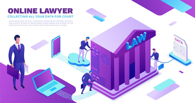 Online lawyer service isometric infographic 3d flat illustration, advocate collecting data, cloud  judicial service, digital technolodgy concept, court building, computer, laptop, people, web banner
