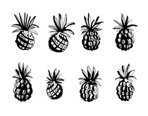 Tropical beach party pineapples ananas grunge design. Black white print