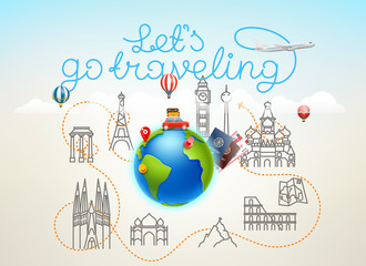 Lets go traveling. World travel vector color illustration