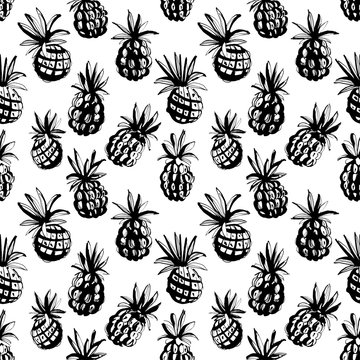 Tropical beach party seamless pineapple pattern background. Black white print