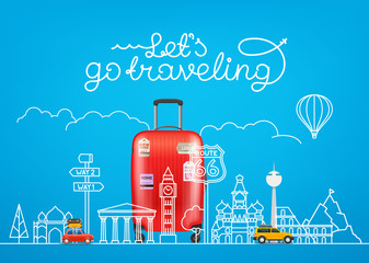 Travel concept. Vector illustration with famous sights and accessories