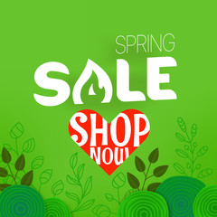 Spring sale offer. Shopping banner template with gift boxes and abstract flowers. Shop now