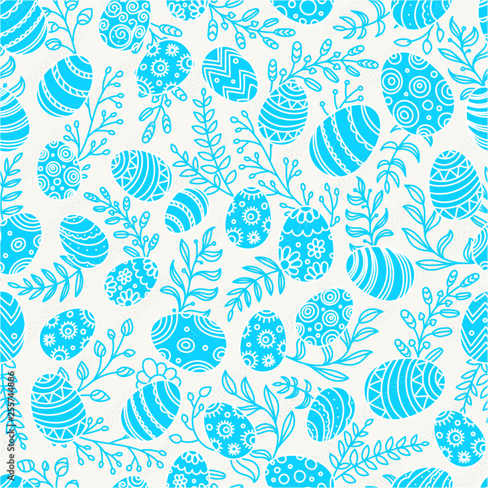Poster Easter seamless pattern with eggs and spring flowers. Bue and white seamless vector pattern
