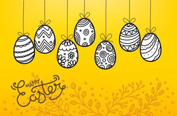 Easter eggs in doodle style. Holiday vector banner. Easter greeting card