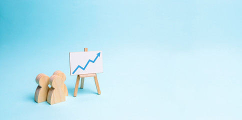 Fototapeta premium People stand near the canvas with arrow up and reports. Concept of business processes, presentations and staff briefing. Business report, summary and planning. Market research and analysis banner