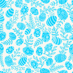 Easter seamless pattern with eggs and spring flowers. Bue and white seamless vector pattern