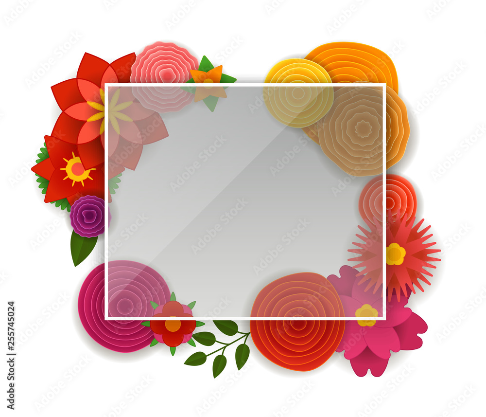 Poster blank white frame with color flowers. vector template