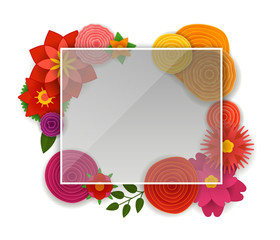 Blank white frame with color flowers. Vector template