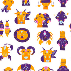Zodiac signs. Hand drawn trendy illustration. Flat design. Colored vector seamless pattern