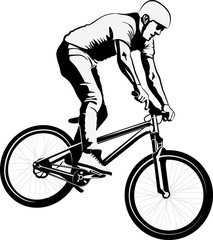 man doing bike trick - black and white vector illustration